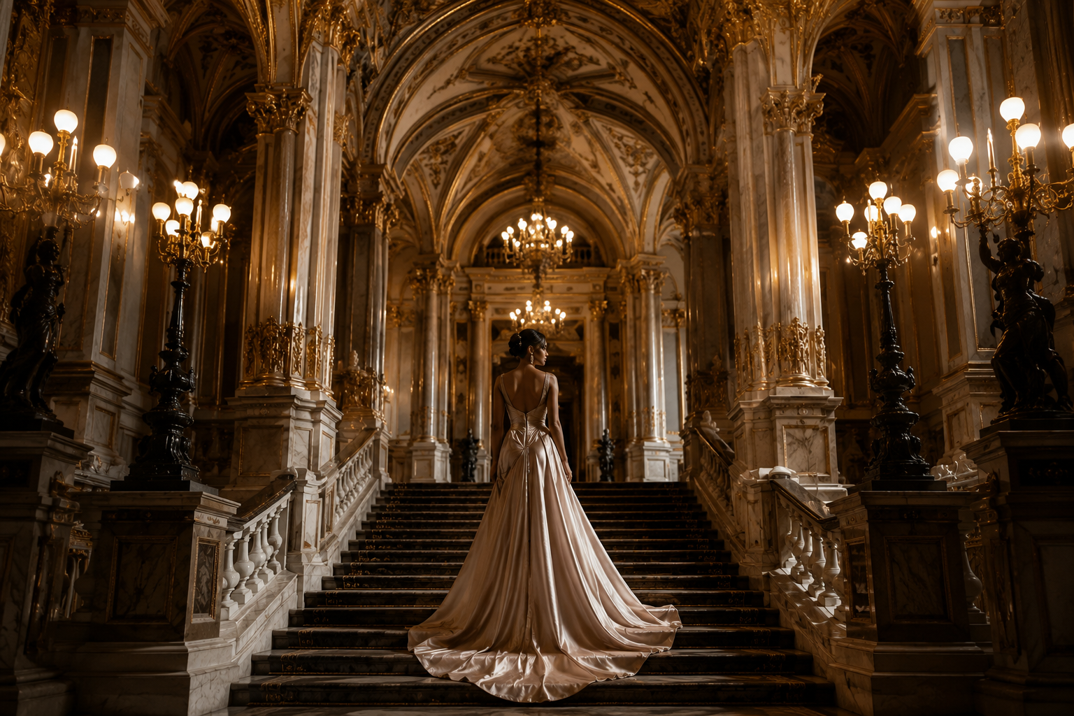 Une dame en robe de satin champagne sur le grand escalier de marbre d'un palais