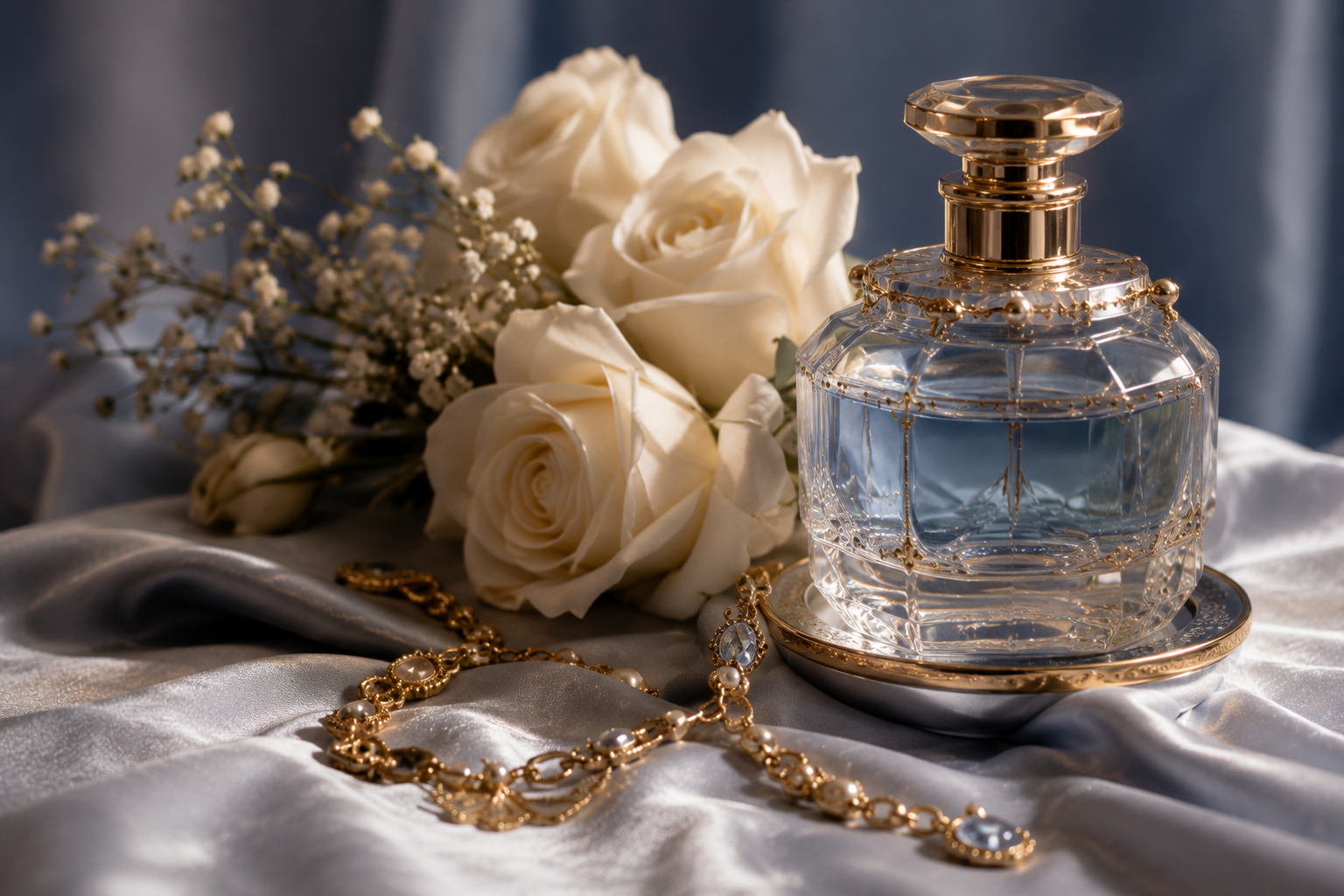 Un flacon de parfum doré, des roses blanches et des bijoux de perles
